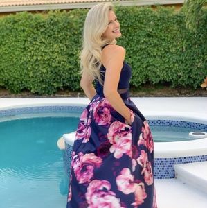 Navy and pink floral asymmetrical dress w/ pockets